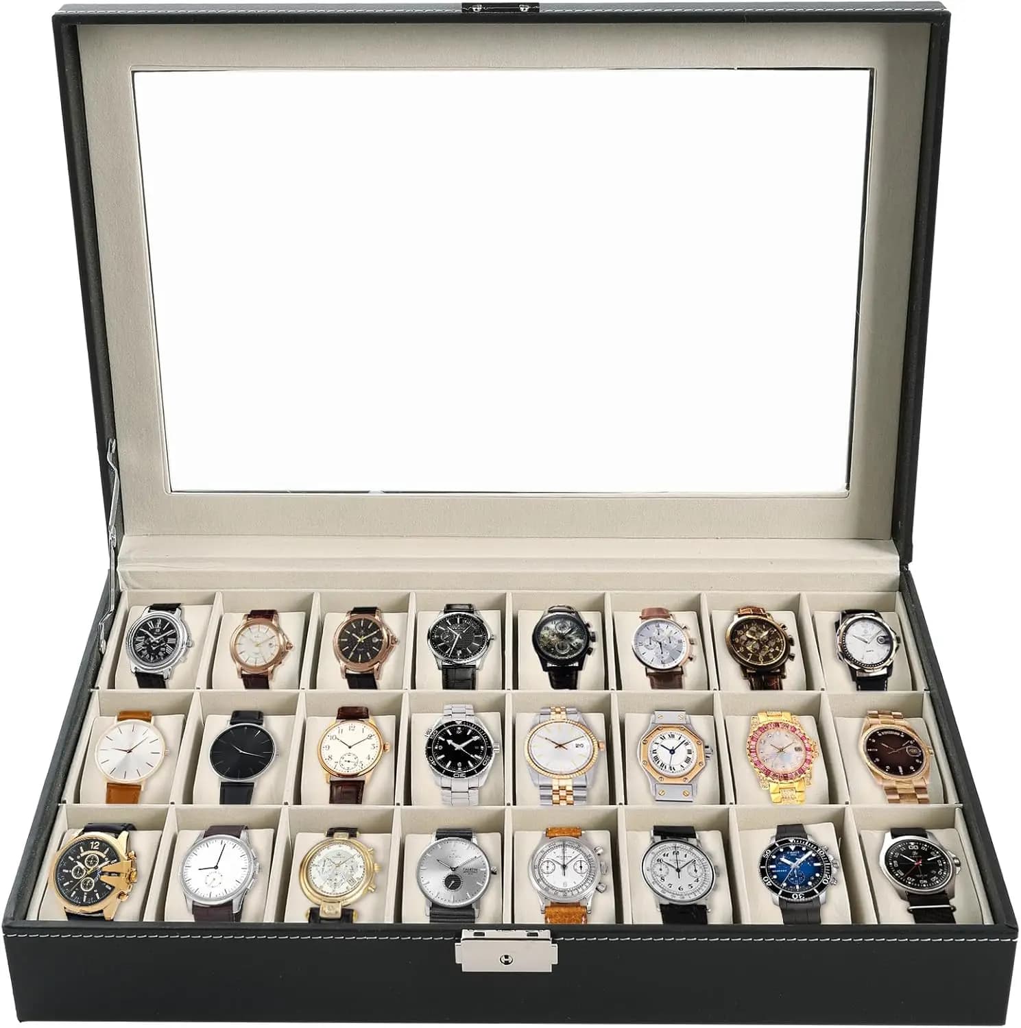 24 slot watch box Stylish portable black for watch collection Jewelry case for men and women