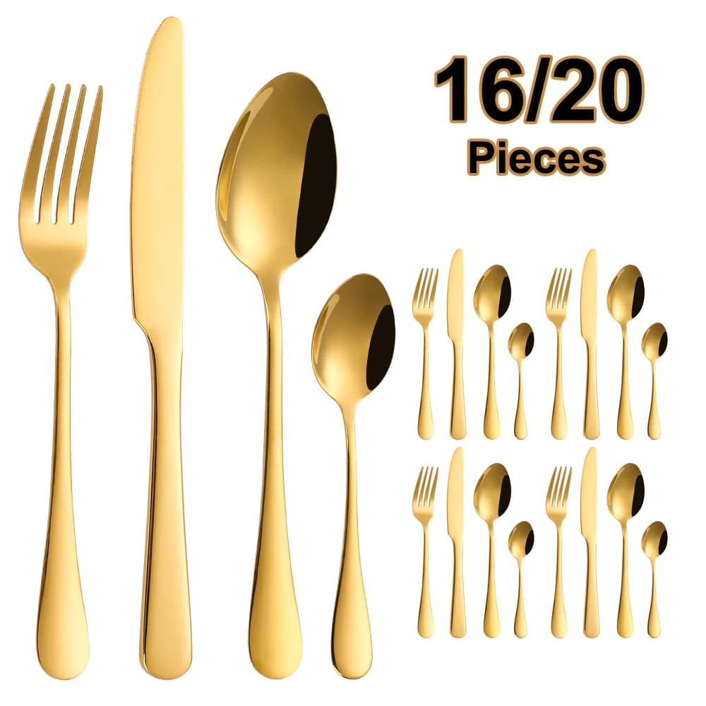 8/12/16/20 pieces cutlery in gold set black dining tableware stainless steel mirror western knife fork spoon ribbon kitchen utensils