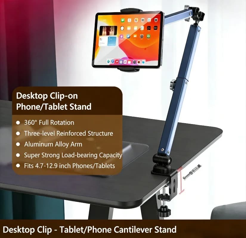 Supporto per Tablet e Telefono in Lega di Alluminio con Braccio Lungo Flessibile, Regolabile a Doppio Braccio per Letto, Scrivania, Ufficio, Compatibile con iPad, iPhone, Android
