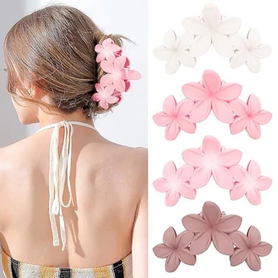 Flower Claw Hawaiian Hair Clip, 4PCS Large Plumeria Hair Clips for Women, Non-Slip Strong Hold Clips for Thick Hair, Beach Hair Accessories (Pink, Gradient White, Dark Pink)