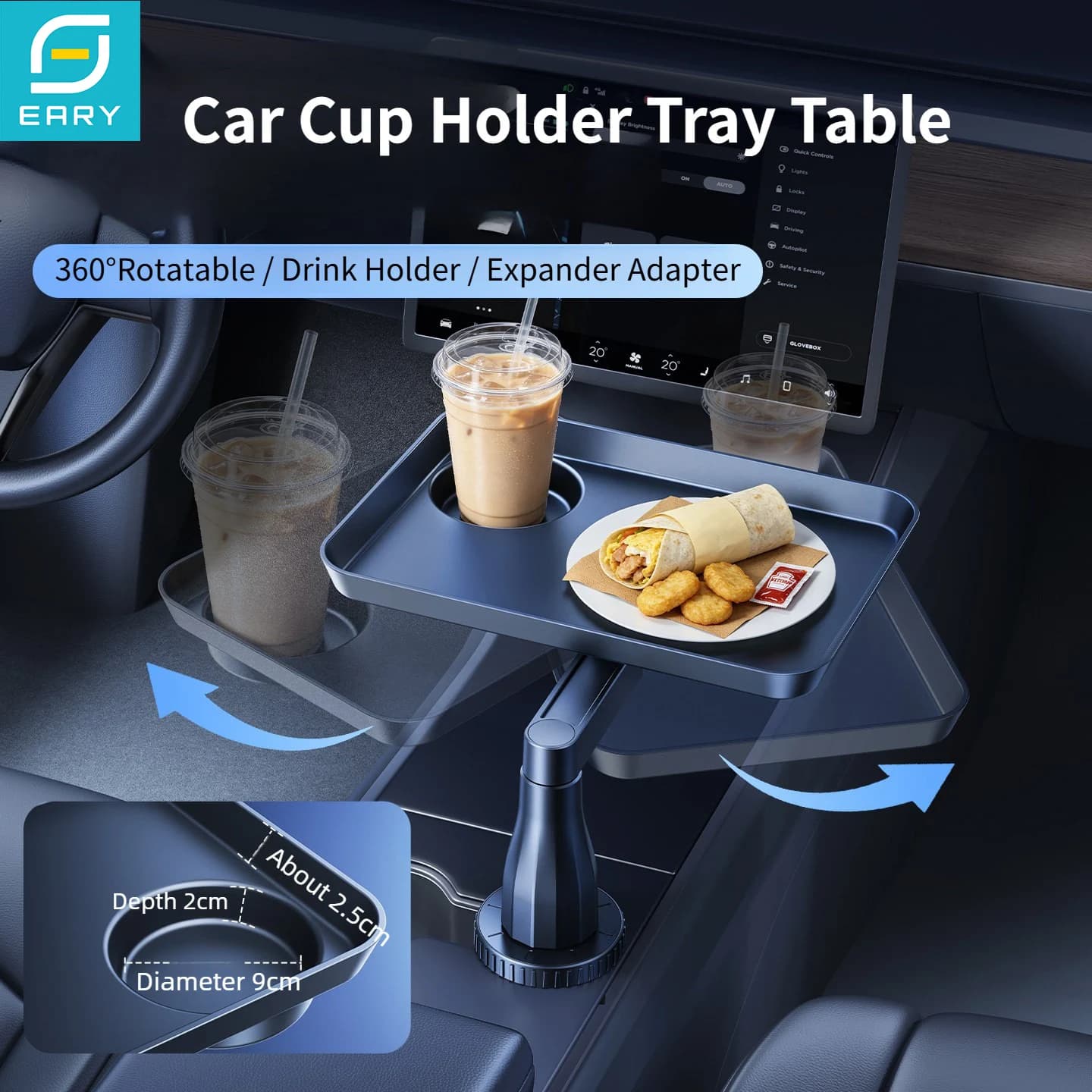 Eary Universal Car Cup Holder Tray Table with 360° Food Tray Detachable Cup Holder Expander Adapter Road Trip Travel Accessories