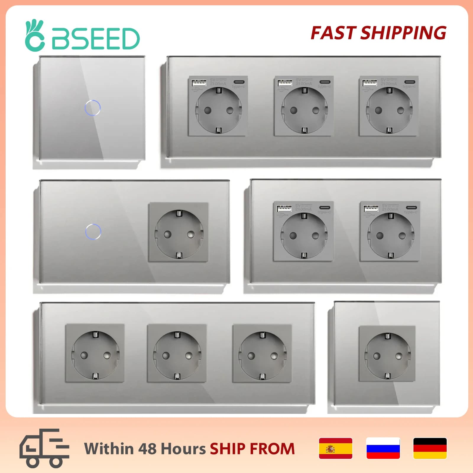 Bseed Standard UE 1/2/3 Gang Interruttori tattili leggeri Interruttori da parete per la casa Interruttori con sensore in vetro grigio Prese di ricarica USB di tipo C