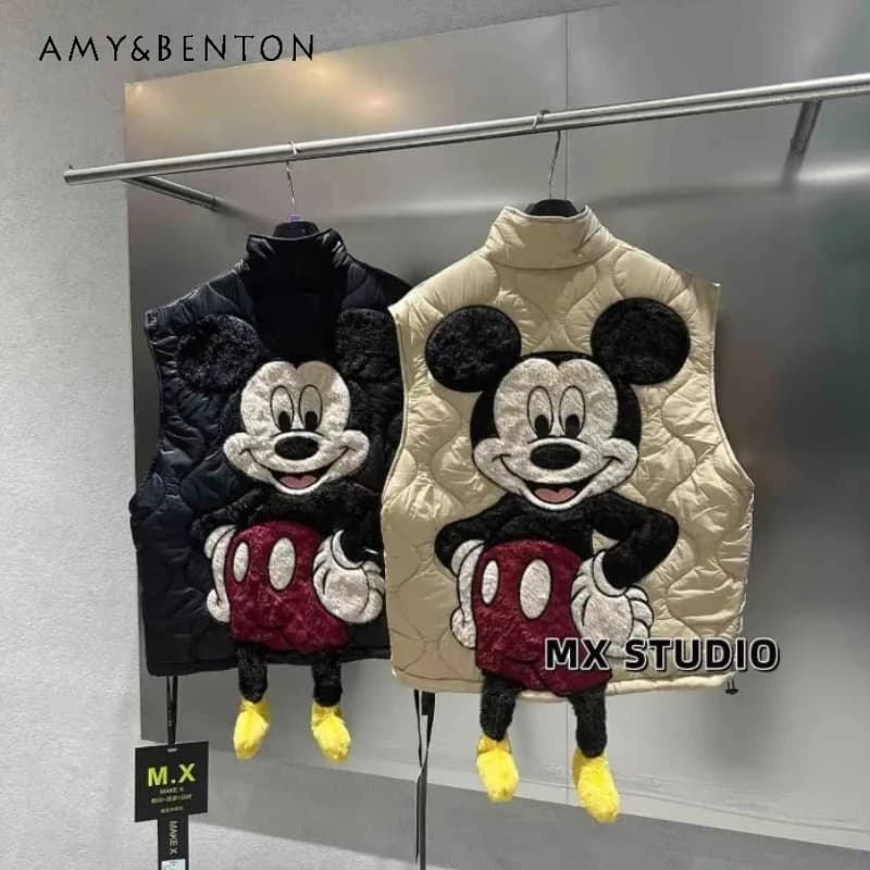 Gilet Invernale/Primaverile 2026 Stile College con Ricamo Cartoon, Gilet Senza Maniche con Cerniera, Giacca Senza Maniche da Donna, Stile Heavy Industry