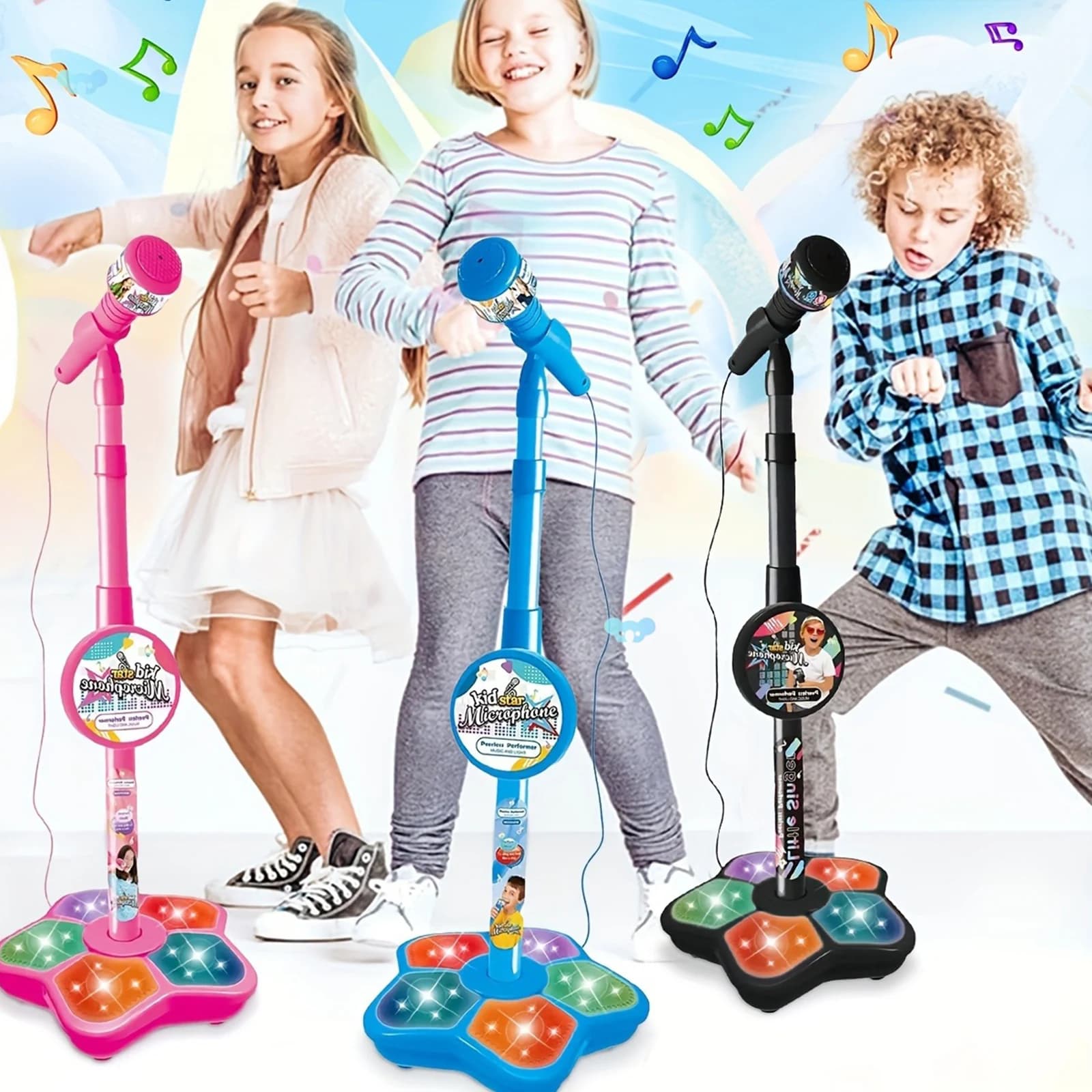 Macchina per Karaoke per Bambini con Supporto Regolabile Luci da Palcoscenico Lampeggianti Microfono Giocattolo per Feste Regali per Ragazze e Ragazzi