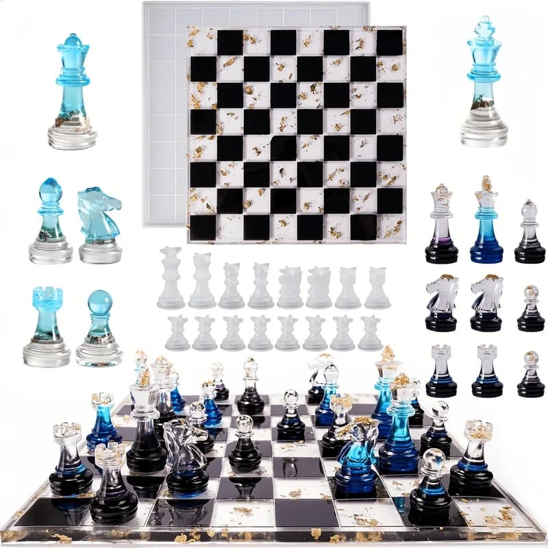 17Piece-based international chess mold set，Including1Block11inch board，Equipped16Silicone mold，Applicable3DChess Resin Mold、Suit