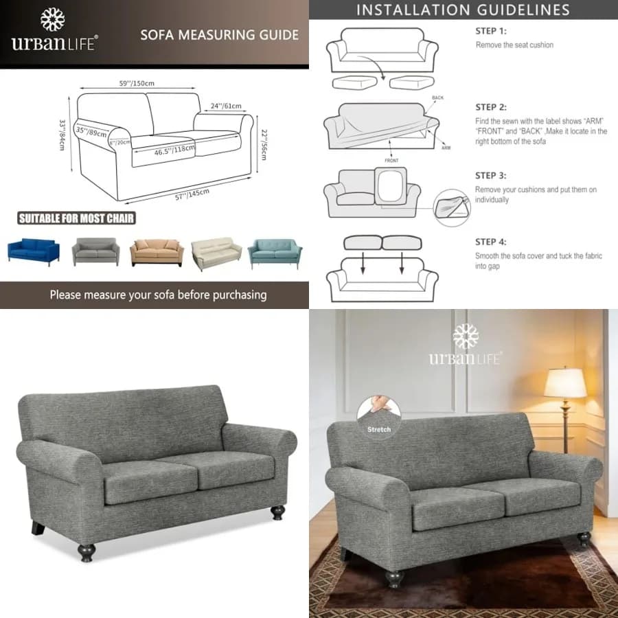 3-Piece Stretch Sofa Slipcovers for 2 Cushion Loveseat Couch, Super Stretch Spandex Non-Slip Sofa Cover with Elastic Bottom, Ma