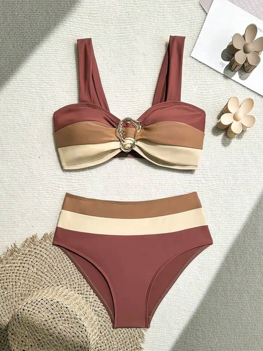 Set bikini color block con spalline spesse, slip a triangolo a vita alta, costume da bagno estivo da spiaggia