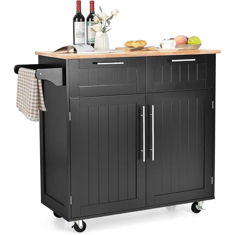 Carrello da Cucina su Ruote, con Portasciugamani Laterale, 2 Ripiani, Armadietto a 2 Ante, Carrello Portaoggetti con Piano in Legno di Gomma