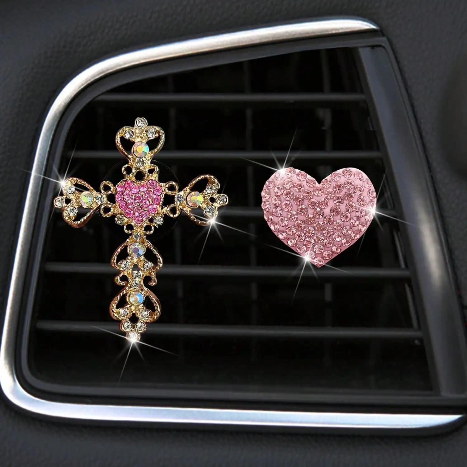 2 Pieces Clip for Deodorant Cars with Heart Shape Rhinestones, Decoration for Air Mouthlets, Interior Styling