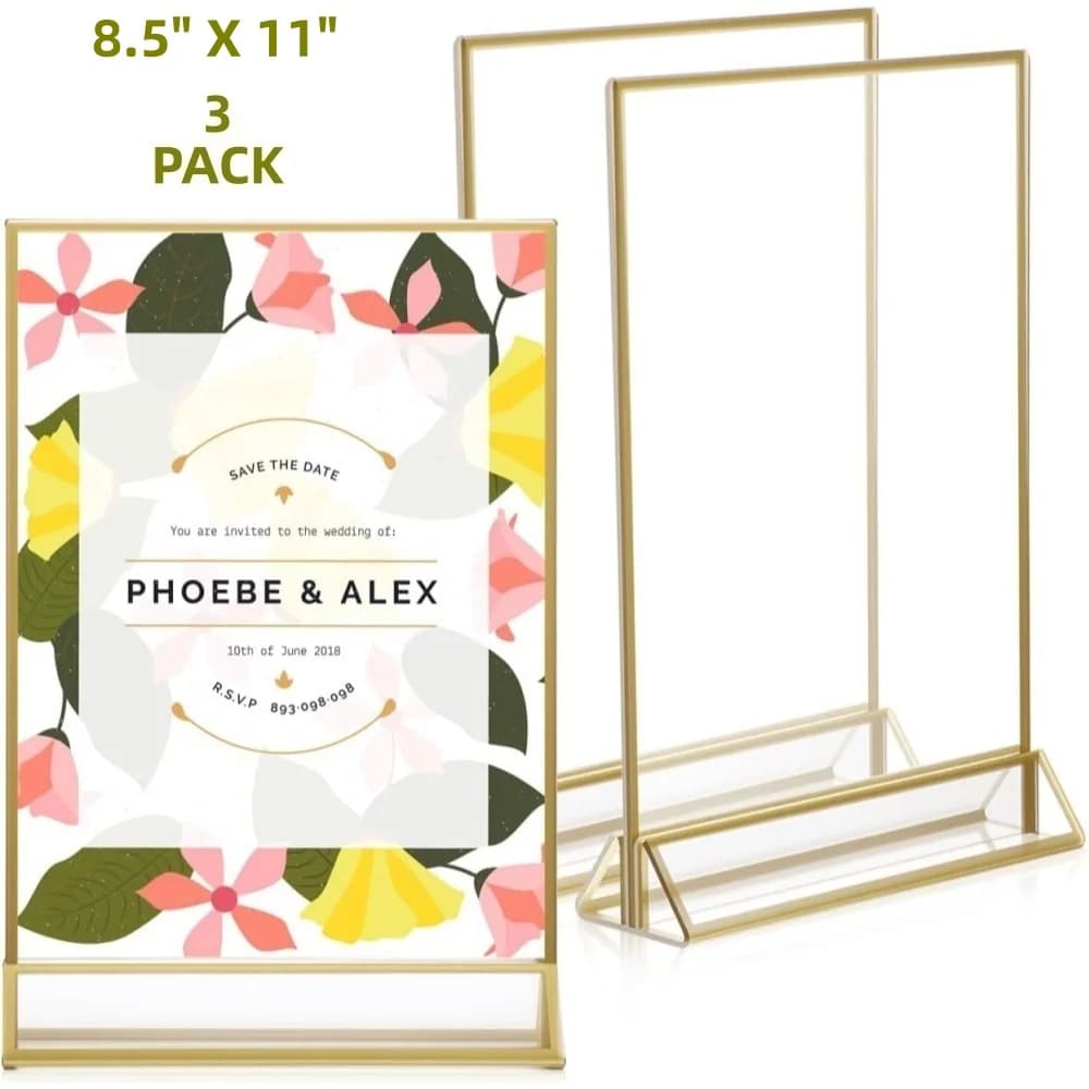 3 Pack Gold Acrylic Sign Holder 8.5 X 11 Inch Double-Sided Picture Frame Vertical Display Stand for Vendor Booth Wedding Busines