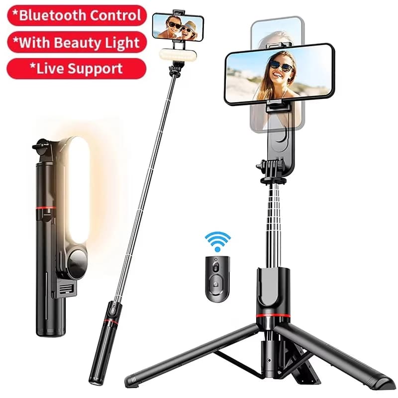 Bastone per selfie portatile con luce di riempimento, mini treppiede pieghevole, otturatore remoto wireless Bluetooth per smartphone Android, video live