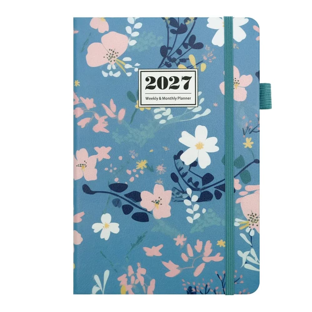 English 2027 Schedule Planner Notepad 12 Months Flower Design A5 Agenda Planning Notebook Simple Leather Cover