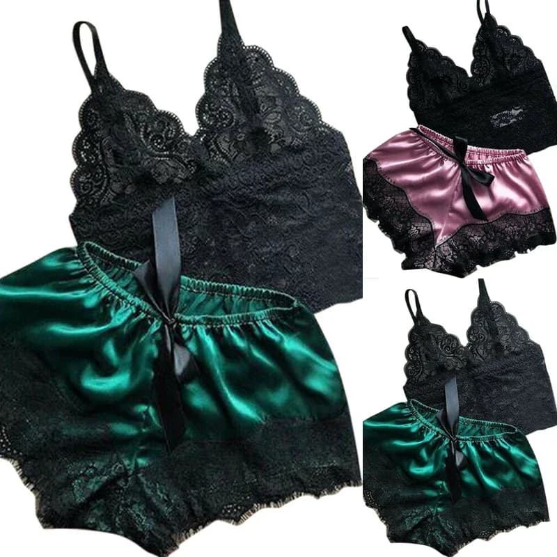 Women's Sleepwear 2 Pieces Pyjama Set Sexy Lingerie Lace V-Neck Sleeveless Cami Top and Shorts Fashion Patchwork Pajamas