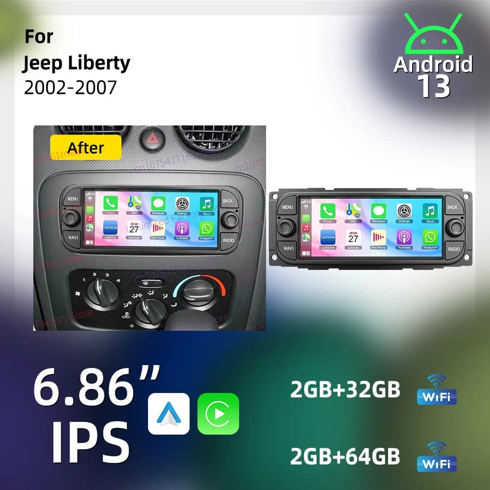 1 Din Android 13 Car Multimedia for Jeep Liberty 2002-2007 6.86" Wireless Carplay Autoradio Radio GPS Head Unit Stereo