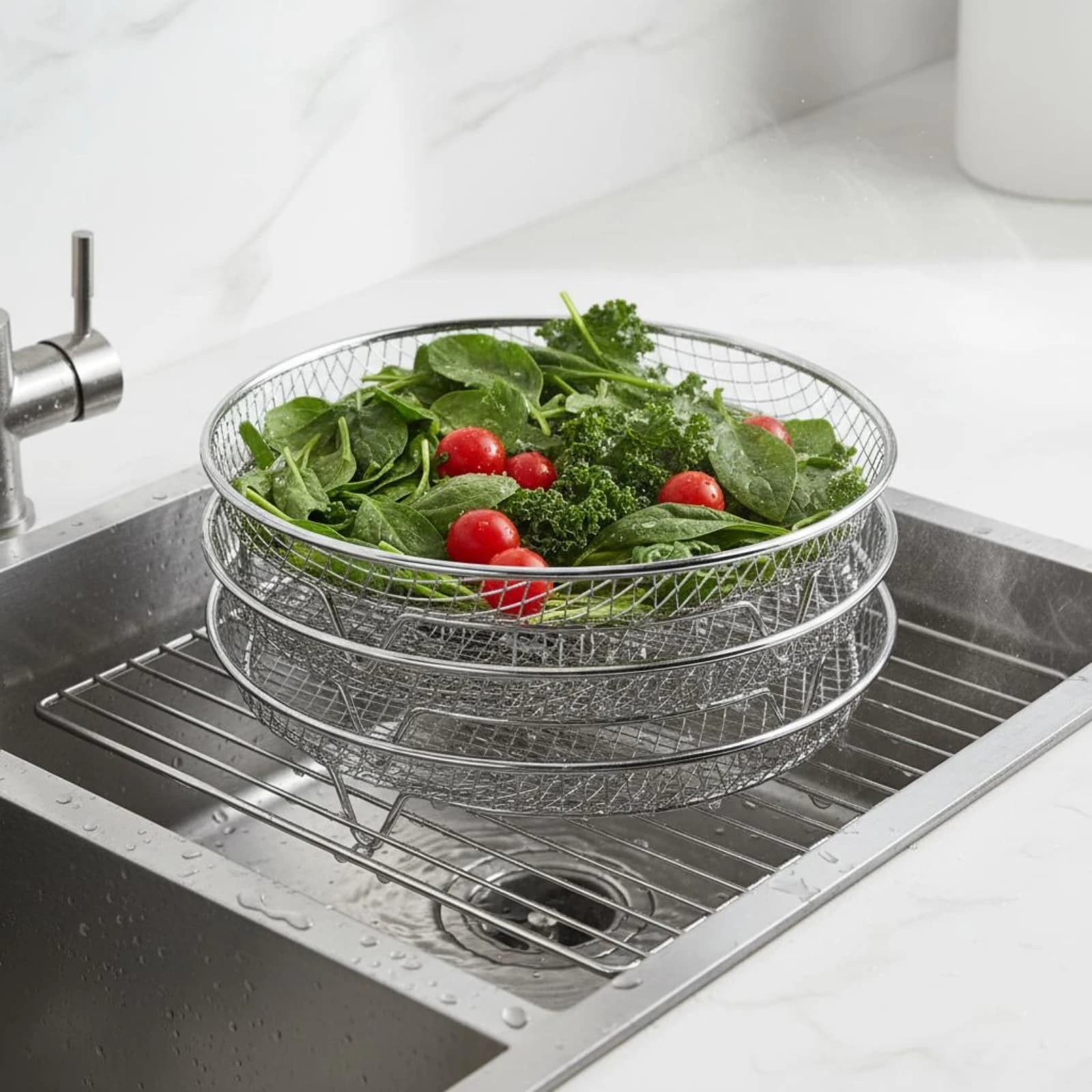 Cestello Scolapiatti in Rete con Piedini Robusti, Set Cestelli Accessori per Friggitrice ad Aria in Acciaio Inossidabile, Facile da Pulire, Attrezzatura per Preparazione Cibo, Lavabile in Lavastoviglie