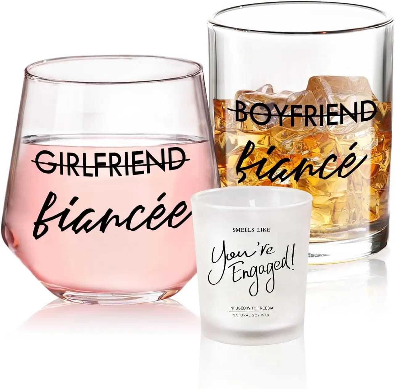 Engagement Gifts for Couples, 10 oz Whiskey and 12 oz Wine Glass Set, Fade-Resistant Print, Beautiful Packaging, Proposal Decor
