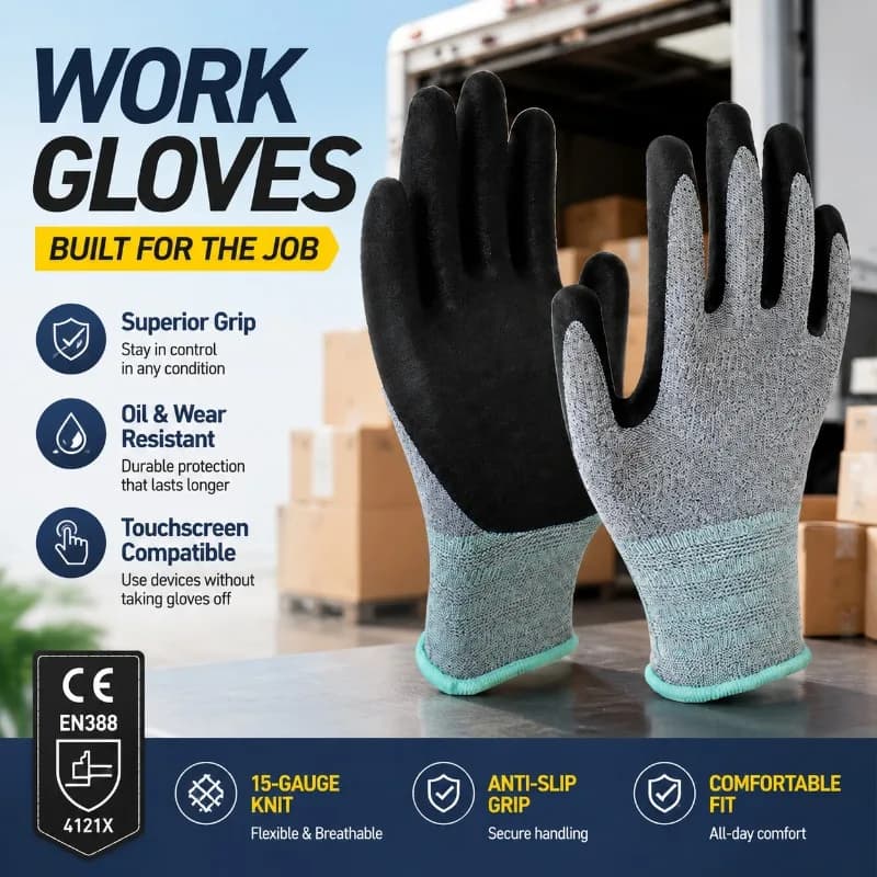15 Needle Polyester Nitrile Coated Work Gloves Oil Repellent EN388 Certified Touchscreen Compatible Delivery Courier Service