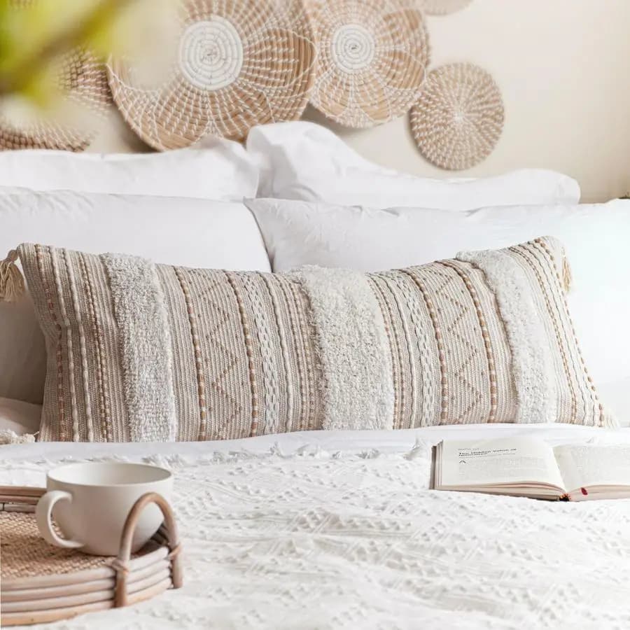 Fodera per cuscino lombare 14x36 per letto, federa rettangolare lunga decorativa, cuscino con accento Boho con motivo trapuntato e Tas