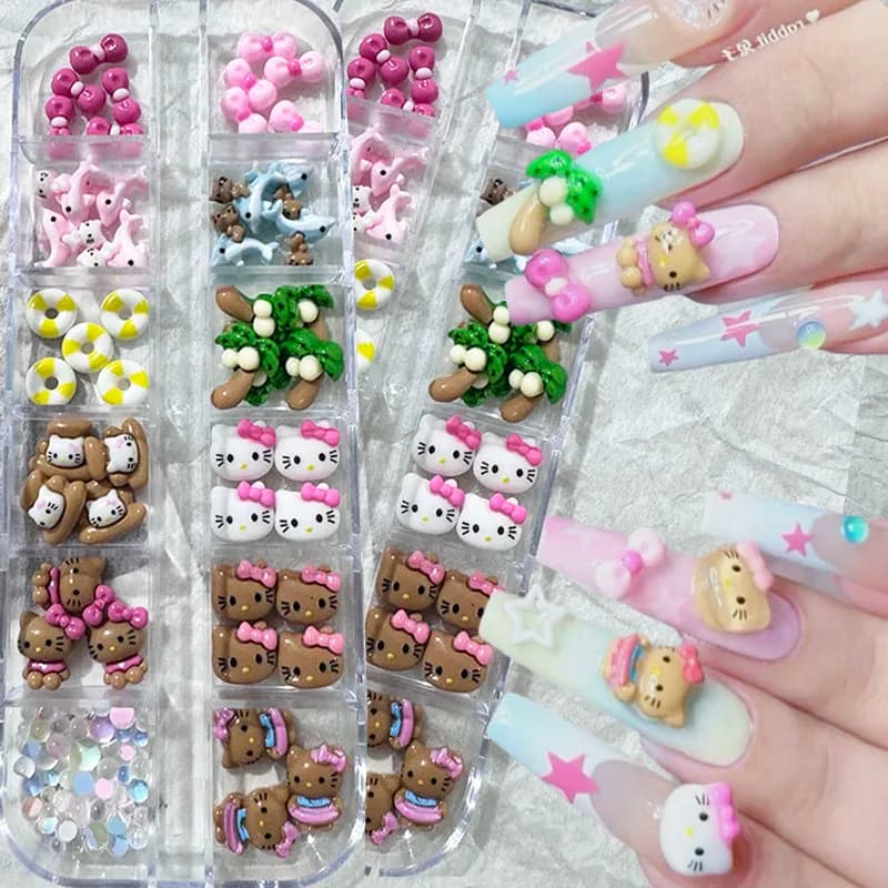 12 Griglie/Scatola Decorazioni Unghie 3D Hello Kitty Estive per Abbronzatura, Simpatiche Charms Gatto Nero con Fiocco e Albero di Cocco, Forniture Unghie Y2K