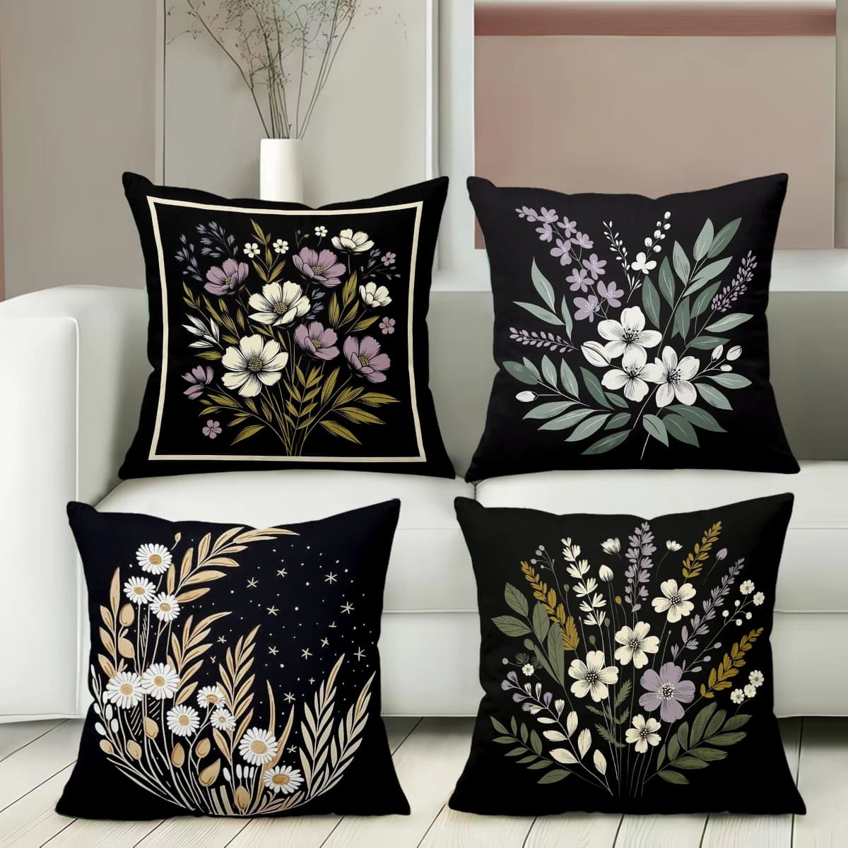 Cuscino decorativo nero con motivo floreale per la decorazione della casa, federa in poliestere, cuscino decorativo per divano, cuscino per testiera