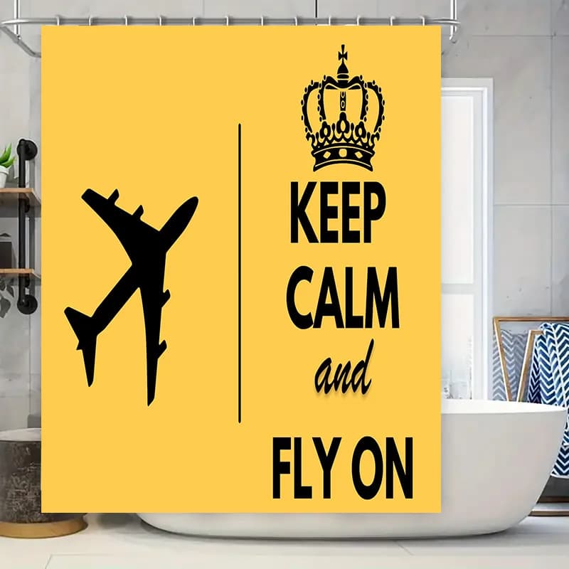 Keep Calm Fly On Tenda da doccia da viaggio Aereo Decorazioni per la casa Tappetino da bagno con logo a corona in giallo