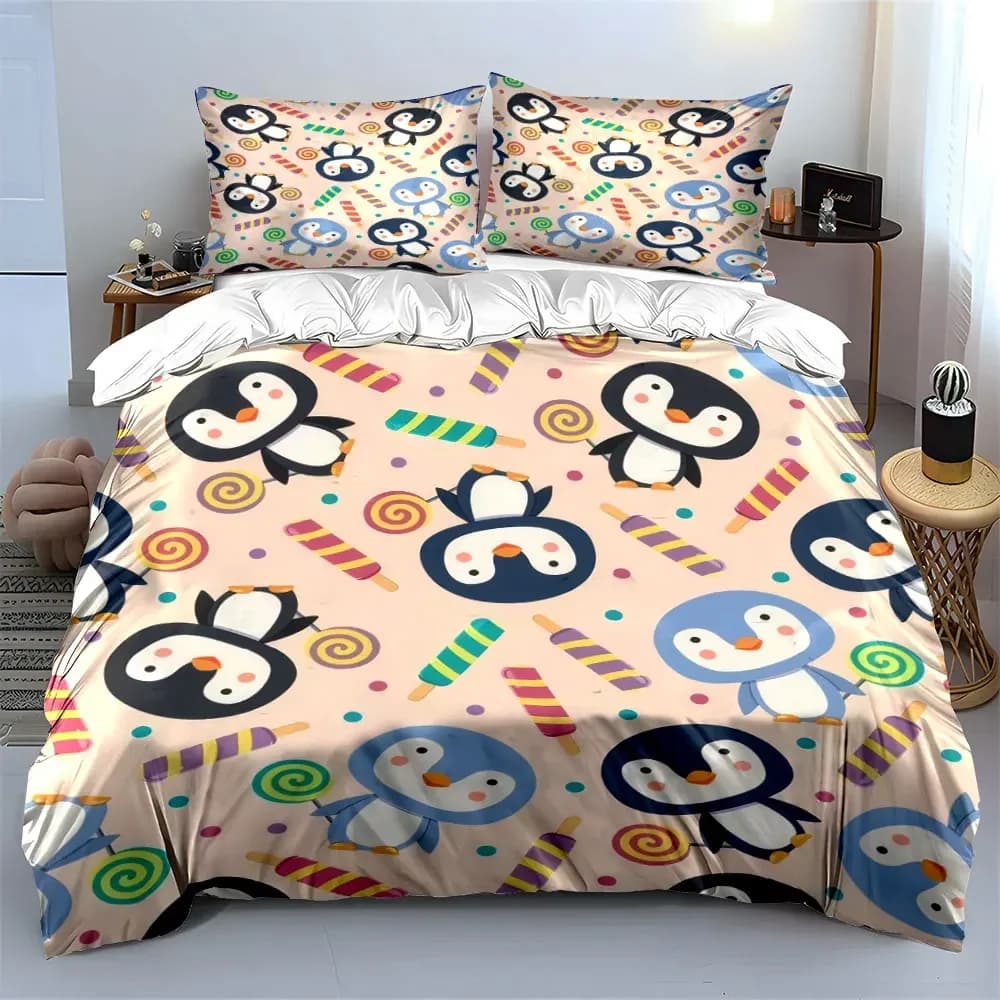 Set Decorativo a Tema Pinguino, Morbido e Confortevole Set Copripiumino con 1 Copripiumino e 2 Federe, Regalo