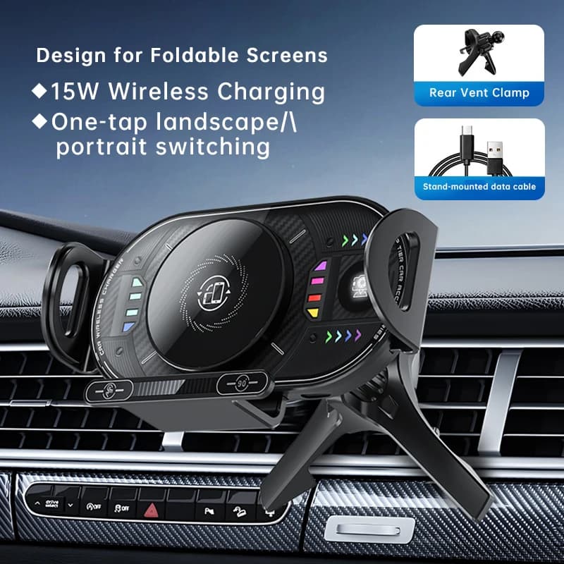 Caricabatteria da auto wireless, aggiornamento 2026 Ricarica rapida da 15 W con supporto per telefono con bloccaggio automatico a luce LED per iPhone 17/16/15/14/13