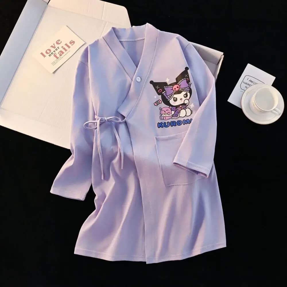 Bathrobe Sanrio Kuromi Hellokitty, Long Sleeved Pijamas for Girls, Night Shirt for Children, Summer Clothing for Home, Cartoon Showcase