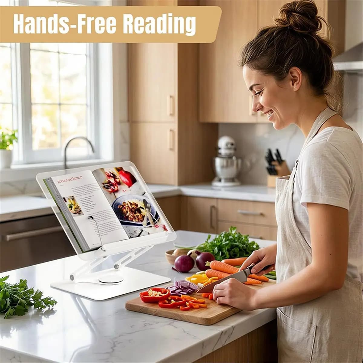 giftnew Adjustable Acrylic Book Stand for Reading, 360° Rotating Base, Hands-Free Cookbook Stand for Laptop, Tablet,Music Score