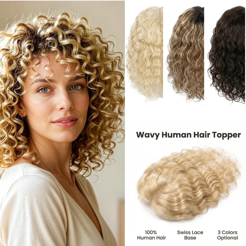 100% Human Hair Hairpiece Swiss Lace 9x14cm 12inch Water Wave Topper Handmade Color #4 #60 7-10Days Ship
