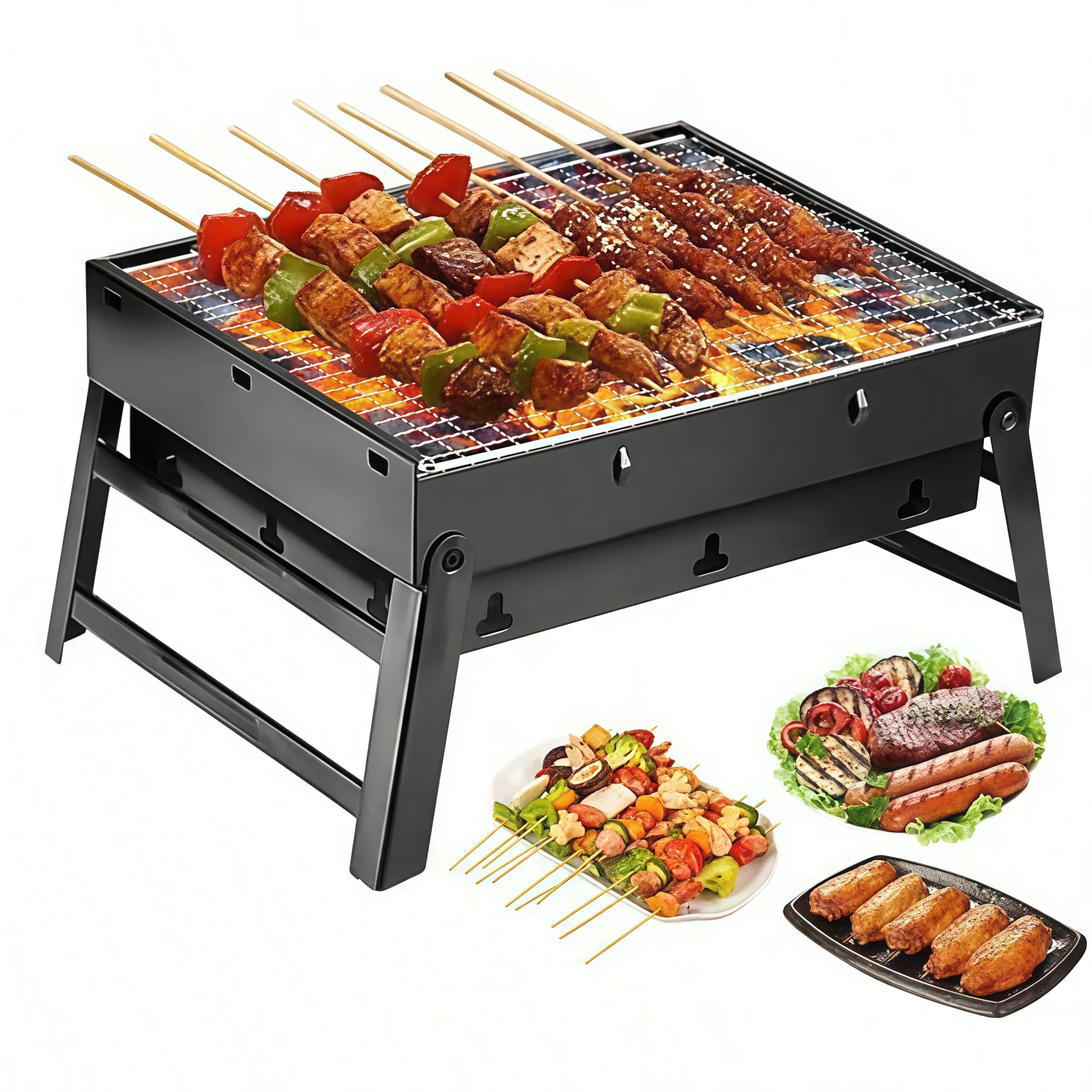 Portable Folding Charcoal BBQ Grill, 17.3" x 11.4" Outdoor Barbecue Stove for Camping Picnic, Heavy Duty Black Metal Smoker with Carrying Handle for Travel