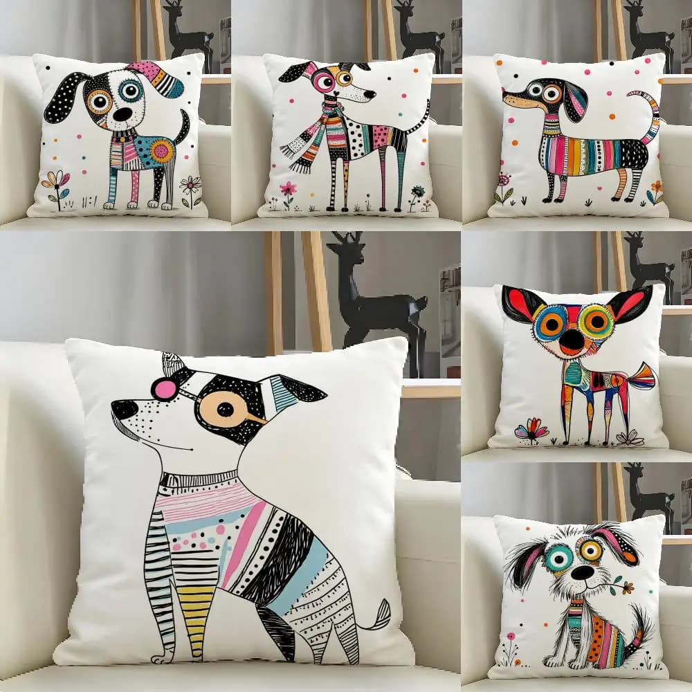 Abstract Small Dog Cushion Cover Natural Linen Pillow Case Organic Fabric Double Sided Print Sofa Home Decor Gift