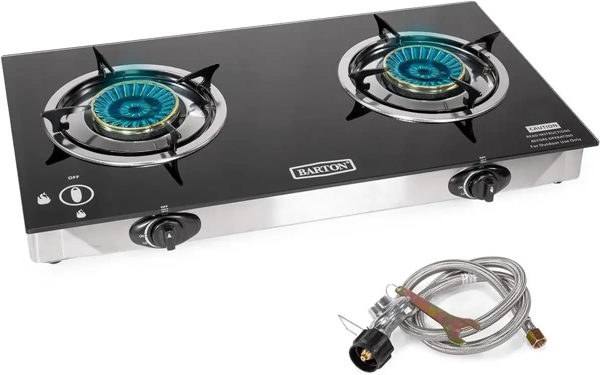 2 Burner Propane Gas Stove, 25,516 BTU Portable Camping Cooktop with Auto Ignition, Tempered Glass Top, LPG Outdoor Cooking