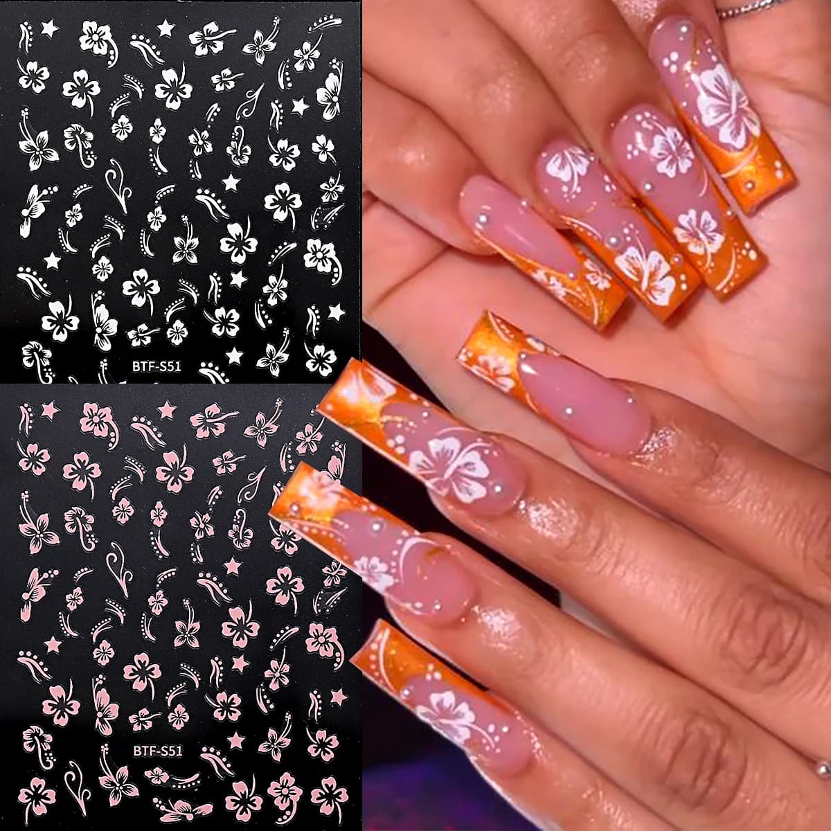 Adesivo per unghie in rilievo con fiore di ibisco 3D Fiore di pizzo Bianco Rosa Petalo floreale Autoadesivo Cursore per nail art Fai da te Elegante romantico