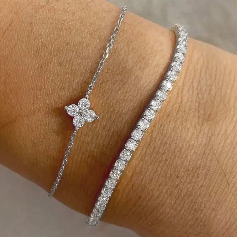 2pcs Stainless Steel Clover Design Stackable Bracelets for Women Shining CZ Tennis Chain Bracelet Set Elegant Wear Jewelry