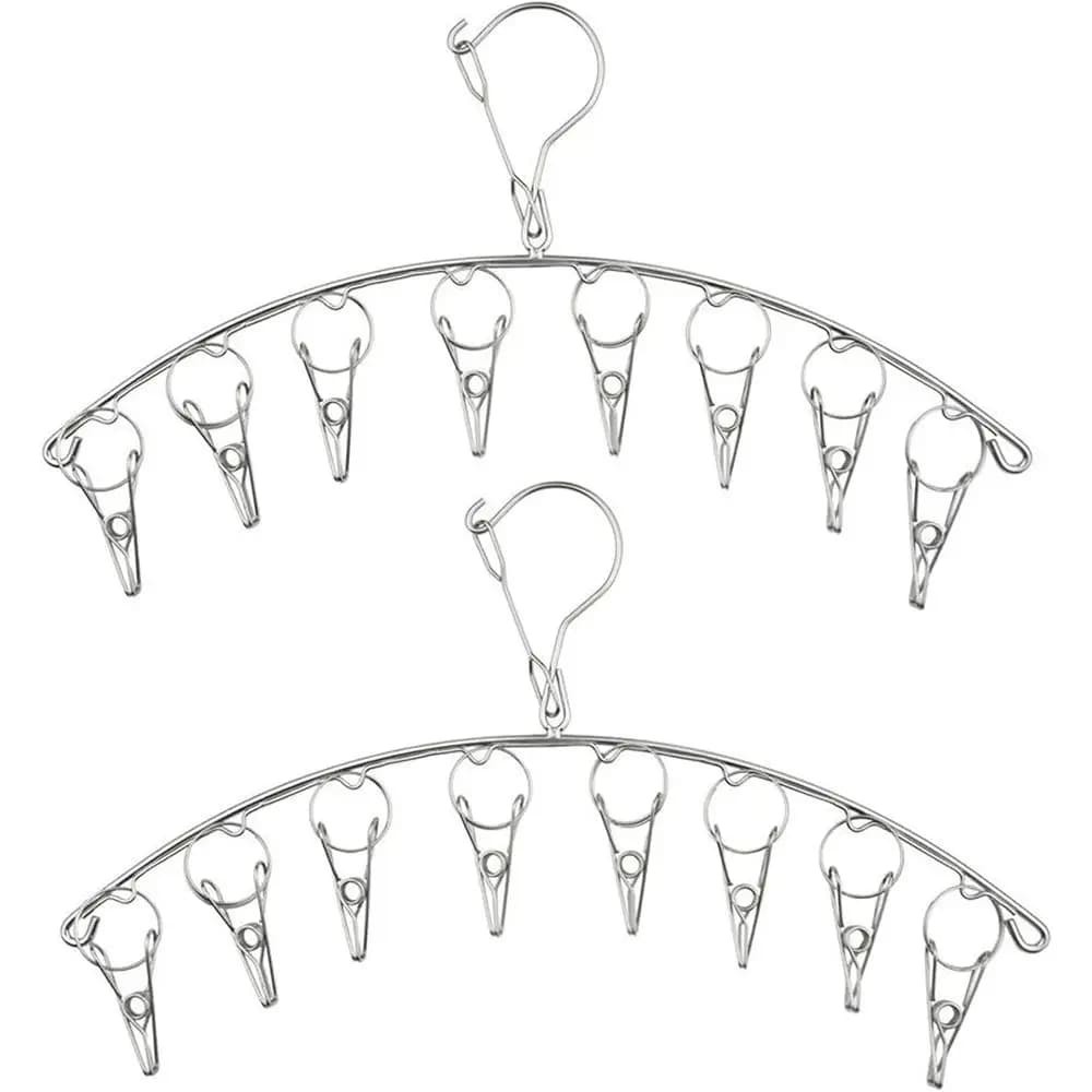 2-Piece Stainless Steel Clothes Drying Hanger with 16 Clips, Windproof Rack for Socks, Small Laundry, and Herbs