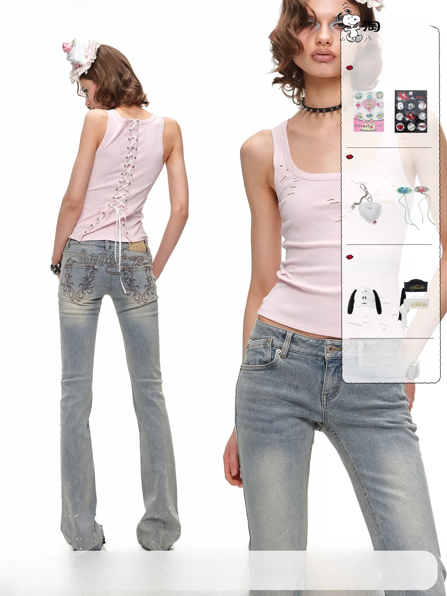 Jeans 1JINN STUDIO a Vita Media-Bassa, Elasticizzati, Ricamati e Sfrangiati, Modello a Zampa d'Elefante per Donna