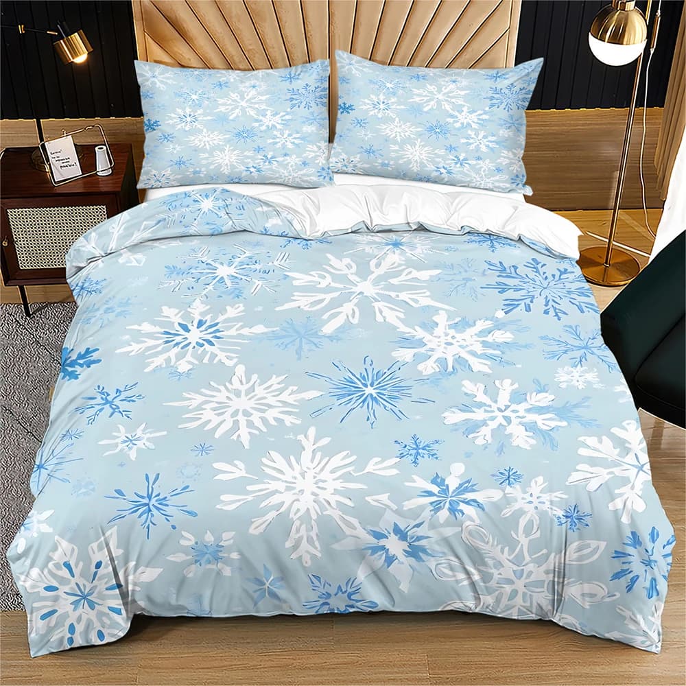 Christmas Winter Snowflake Bedding Set Light Blue Base Duvet Cover Set Bed Holiday Soft Bedding Quilt Cover with Pillowcases