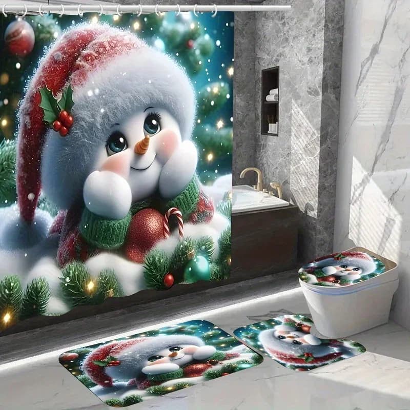 4pcs Christmas Home Decor Waterproof Shower Curtain Sets with 12 Hooks Toilet Seat Cover Bathroom Mat Non-Slip Rug Carpet Po