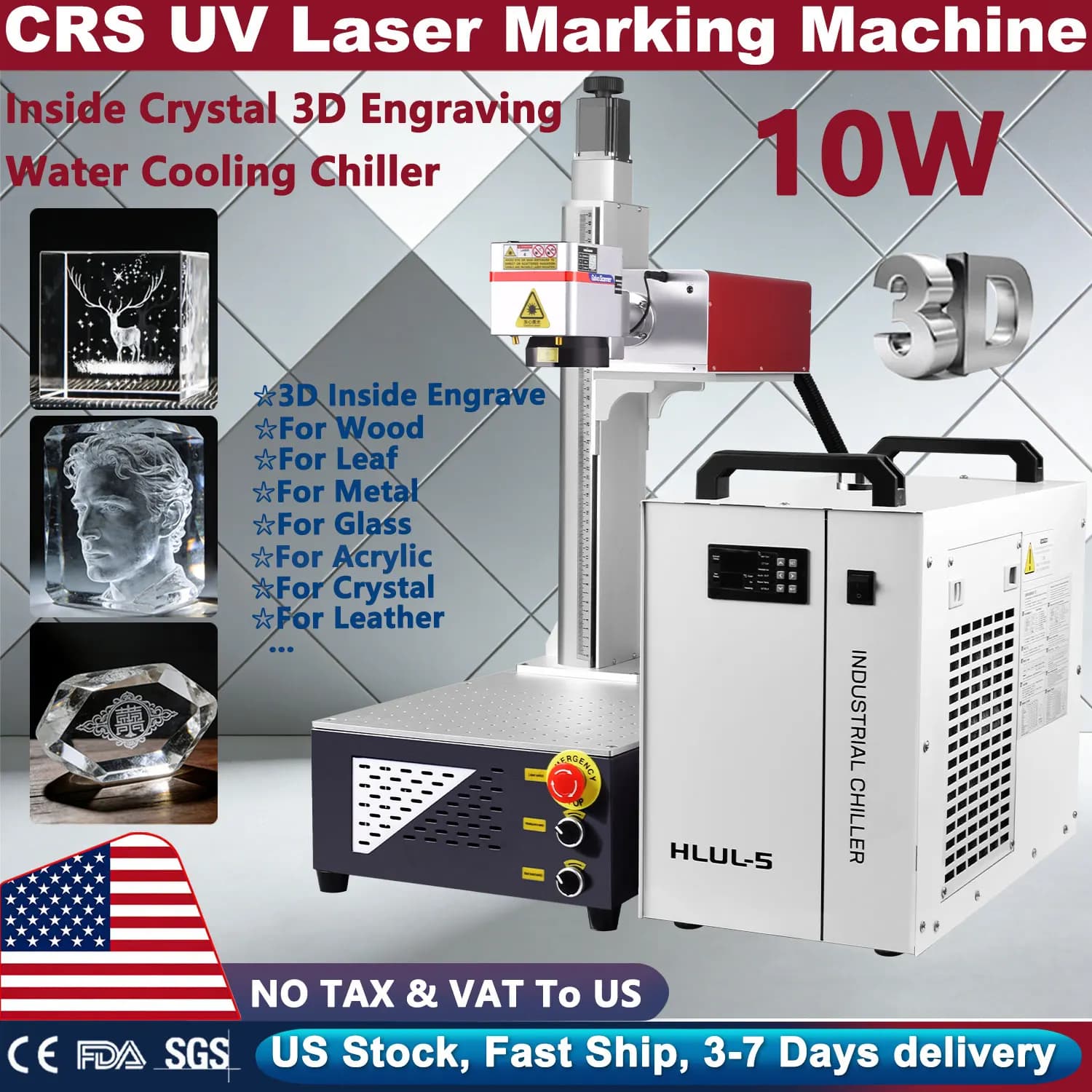 CRS Crystal 3D Laser Engraving Machine, 10W 5W Indoor UV Laser Marker for Glass, Crystal, Metal, Plastic, Wood