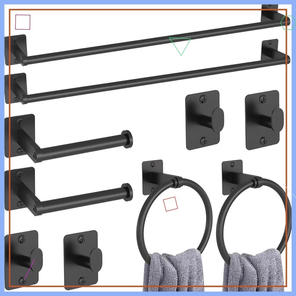 Set di 10 Accessori per Bagno in Nero: Portasciugamani, Mensole, Ganci e Porta Carta Igienica per Arredamento Moderno