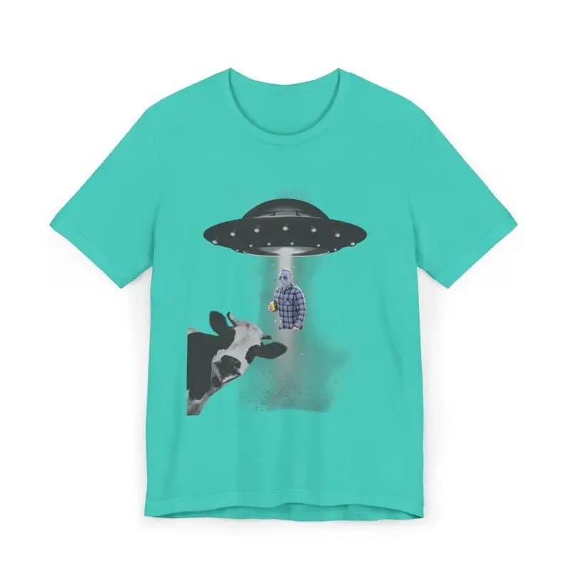 T-shirt unisex per abduzione aliena, divertente per gli amanti degli UFO e delle mucche, camicia della cultura pop