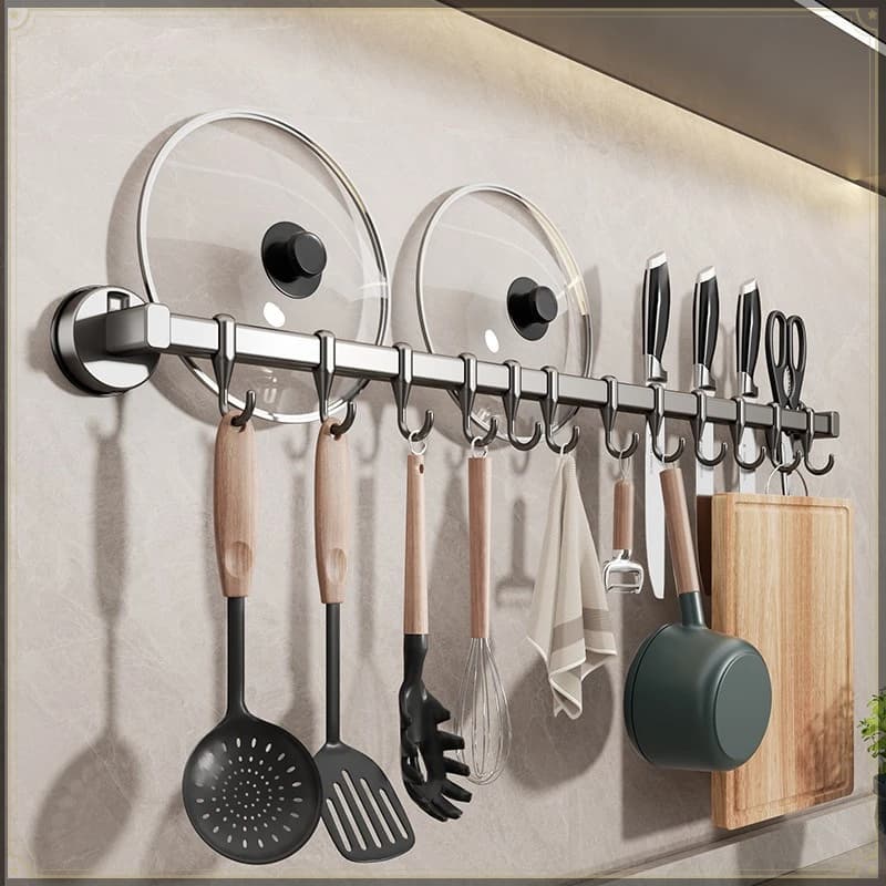Kitchen Hook Rack Carbon Steel Suction Cup Punch Free Wall Mount Multifunctional Strong Load Bearing Utensil Rack Organizer