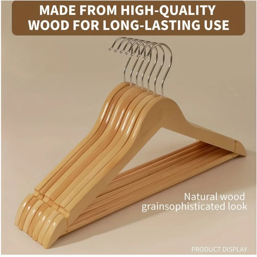 30-Pack Wooden Hangers – Heavy-Duty Natural Wood Clothes Hangers with Non-Slip Surface, Built-in Pants Bar & Shoulder Notches fo
