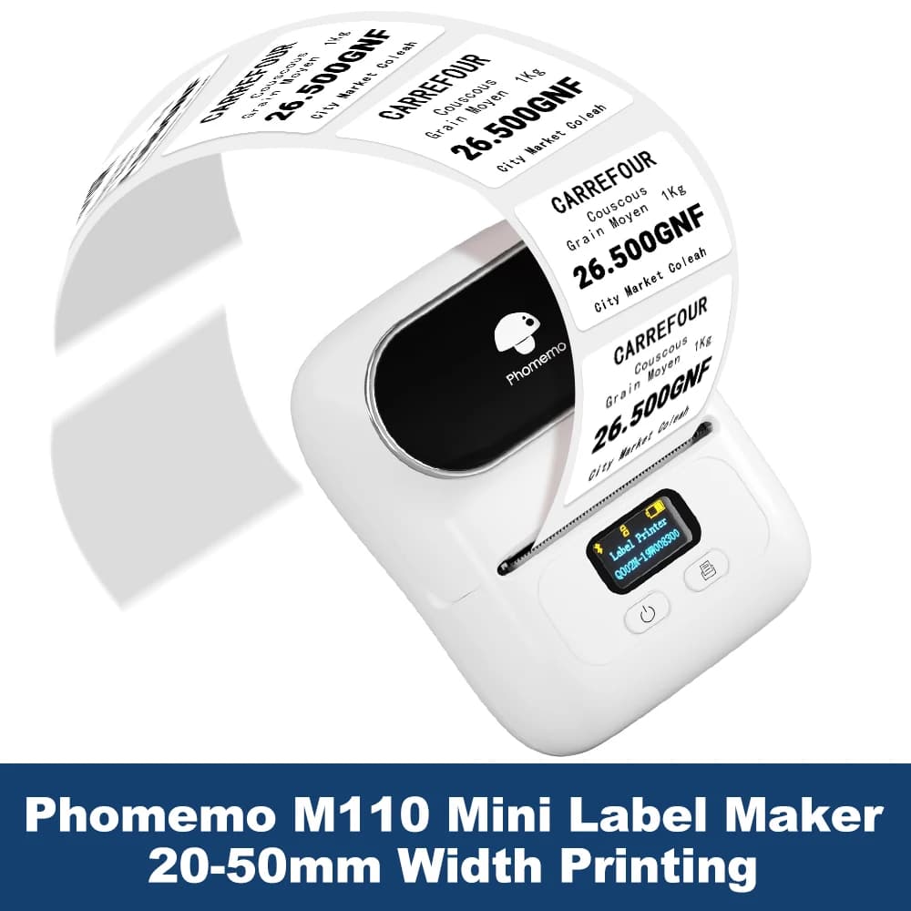 Stampante per etichette Phomemo Stampante per etichette con codici a barre M110 per indirizzi, codici a barre, abbigliamento, foto, logo, gioielli, vendita al dettaglio, aziende