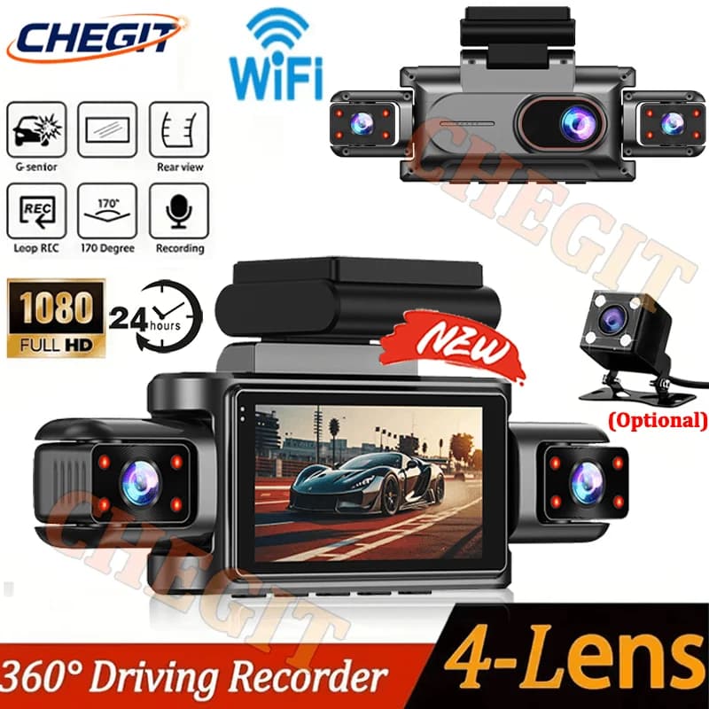 Wi-Fi 360 ° Dashcam Rotating with 3/4 Lenti, Video Recorder 1080P for Auto, DVR Black Box, Night Vision, Car Recording Camera, Car Accessories