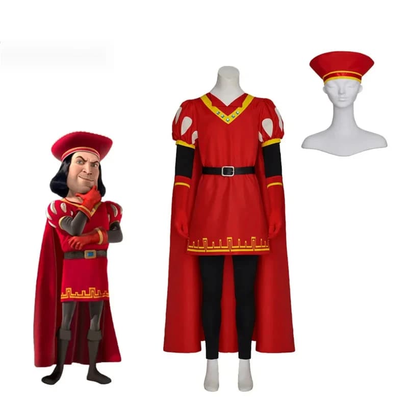 Shrek Lord Farquaad Costume Cosplay Mostro Verde Farquaad Vestito Fantasia di Halloween Mantello Rosso per Uomo Adulto
