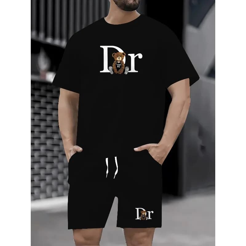 Casual sports suit for men, new summer, very sold, with fashionable bear print, t-shirts and shorts, set 2 pieces, summer clothing for men