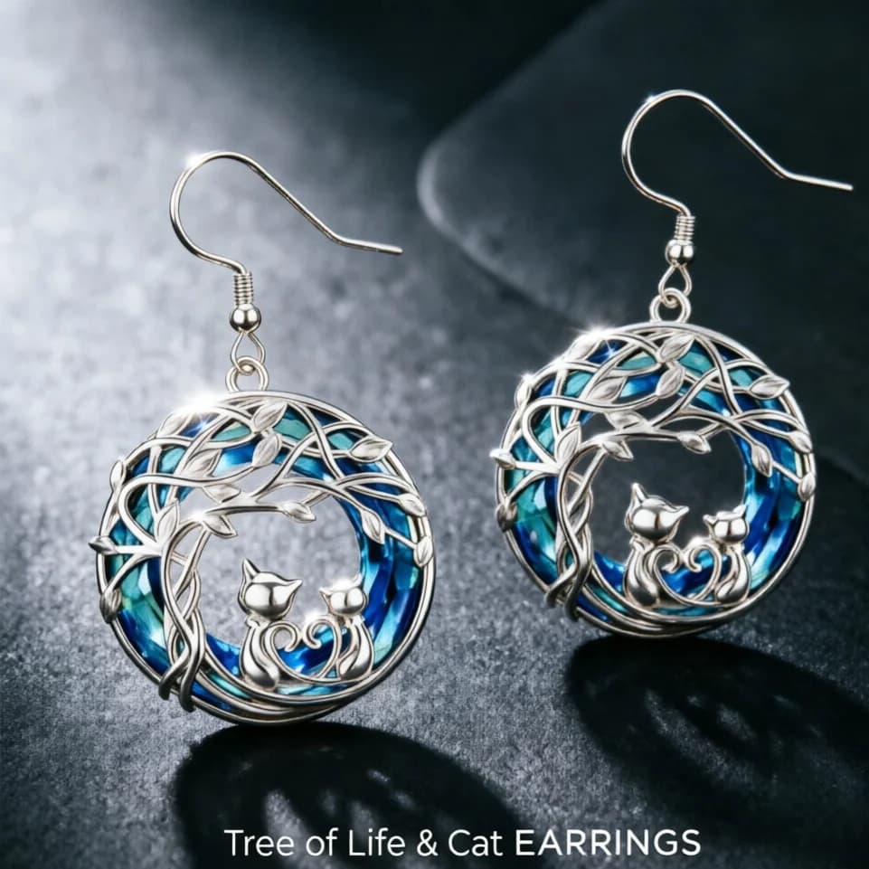 Orecchini Pendenti in Lega di Zinco Argentata con Albero della Vita e Gatto, Smalto Blu, Gioielli a Tema Naturale e Animale Domestico, Regalo per Donne e Ragazze