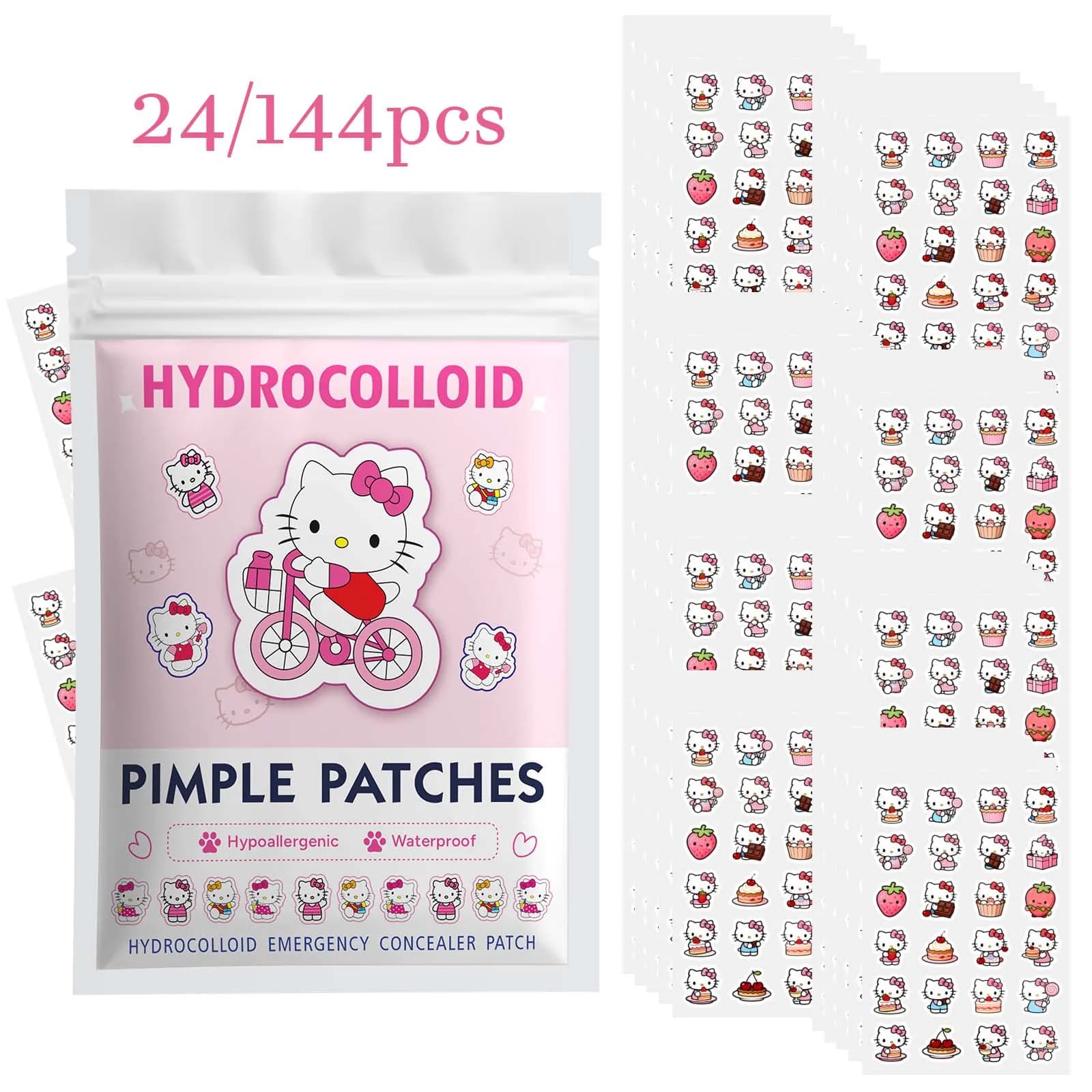 24/144PCS Hello Kitty Hydrocolloid Facial Patches Salicylic Acid Centella Cover Blemishes Invisible